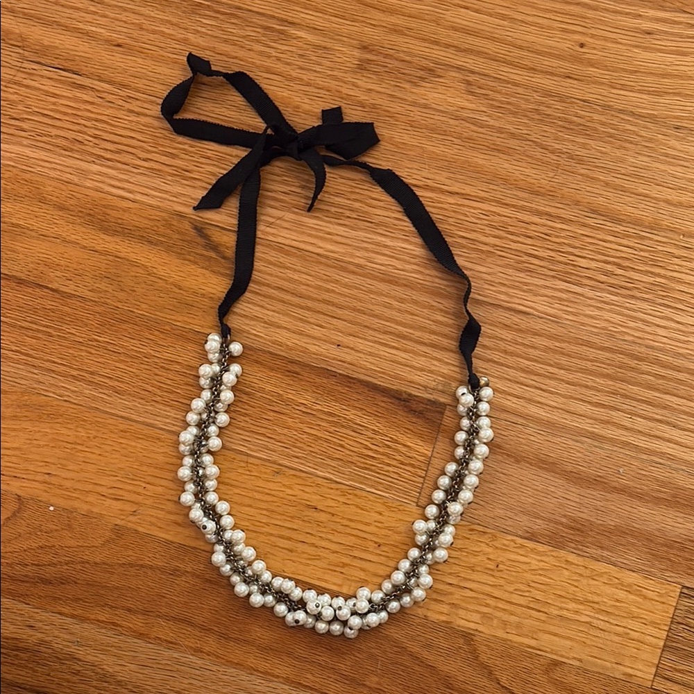 Elegant Pearl Necklace with Black Ribbon